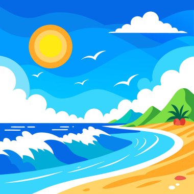 June Summer sahnesi dalgaları vuruyor güneşli bir gün Güzel deniz manzarası parlak mavi gökyüzü. Yapay zeka üretildi. Vektör simgesi