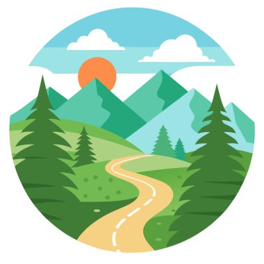 Kentucky Doğa Manzarası. Orman ve Majestic Dağları 'ndan geçen dolambaçlı bir yol. Yapay zeka üretildi. Vektör simgesi