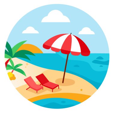 Plajda rahatlatıcı bir gün. Kırmızı bir şemsiyeyle tropikal kıyı manzaralı yaz manzaralı. Yapay zeka üretildi. Vektör simgesi