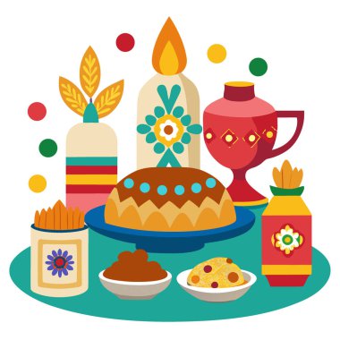 Geleneksel Tatlı Tatlıları ve Renkli Dekorasyonlarla Meksika İlham Masası Ayarları. Yapay zeka üretildi. Vektör simgesi