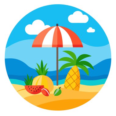 Açık mavi gökyüzü altında renkli şemsiyeli ve egzotik meyveli güzel bir yaz sahnesi. Yapay zeka üretildi. Vektör simgesi