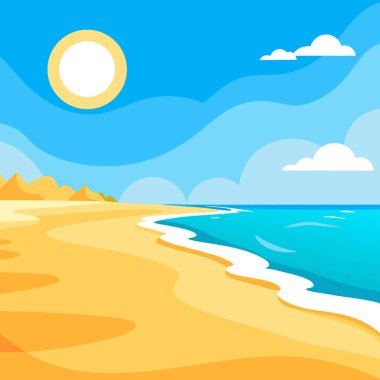 Haziran. Nazik Dalgalar ve Altın Kum 'la Sunny Beach Manzarası. Yaz tatili için mükemmel. Yapay zeka üretildi. Vektör simgesi