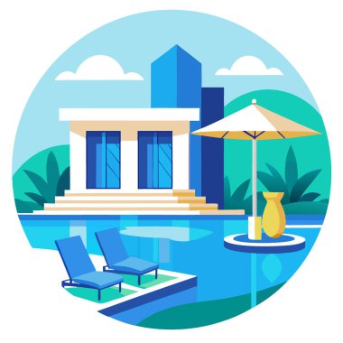 Açık mavi havuzlu lüks bir yaz tatili. Modern tasarım. Ve şezlongları davet etmek. Yapay zeka üretildi. Vektör simgesi