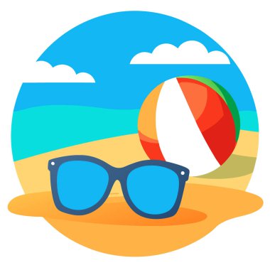 Güneşli bir günde kumlu sahilde, renkli topları ve okyanus arka planıyla dinlenen güneş gözlükleri. Yapay zeka üretildi. Vektör simgesi