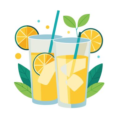 Limon dilimli iki bardak ferahlatıcı limonata ve sıcak yaz günü için mükemmel yapraklar. Yapay zeka üretildi. Vektör simgesi