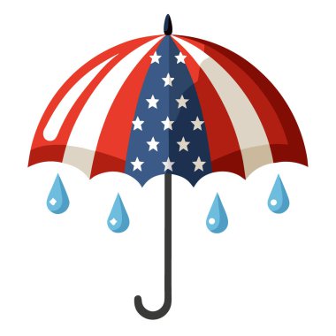 Üzerinde yağmur damlaları olan Amerikan bayrağı temalı şemsiye. Beyaz bir arka planda izole edilmiş. Yapay zeka üretildi. Vektör simgesi