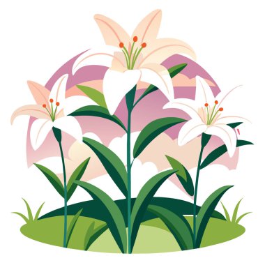 Çiçek açan zambaklar sahada fotokopi alanıyla güzel bir zemin oluşturuyor. Yapay zeka üretildi. Vektör simgesi