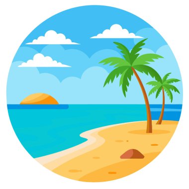 Haziran. Sandy Beach 'in yaz dönemi geçmişi. Okyanus. Gökyüzü. ve bulutlar. Tropik ada cenneti yapay zeka üretti. Vektör simgesi