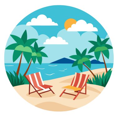 Deniz afişinin yanındaki kumlu plajda sandalyeleri olan ilham verici bir tropik yaz manzarası. Yapay zeka üretildi. Vektör simgesi