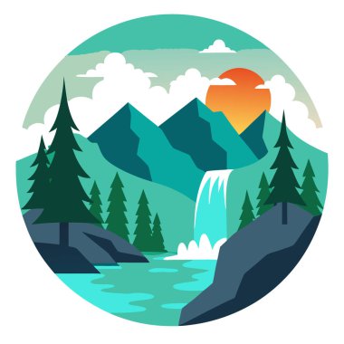 Metolius Nehri. Büyücü Şelaleleri Turkuaz Suları 'ndan hakiki Oregon Deneyi. Yapay zeka üretildi. Vektör simgesi