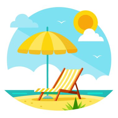 Sarı şemsiyeli plaj düzeneği ve parlak güneş ışığı altında şezlonglar. Yapay zeka üretildi. Vektör simgesi