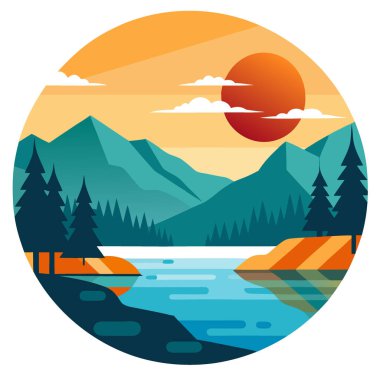 Stare Juchy Polonya 'daki çarpıcı Jedzelewo Gölü batan güneş tarafından zarafetle kucaklanıyor. Yapay zeka üretildi. Vektör simgesi