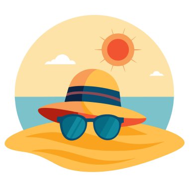 Güneş şapkası ve güneş gözlüğü kumlu sahilde ışık ve gölgeli rahat bir yaz havası yaratıyor yapay zeka. Vektör simgesi