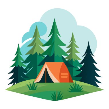 Çayırın ortasında turist çadırı olan bir orman kampı. Yapay zeka üretildi. Vektör simgesi