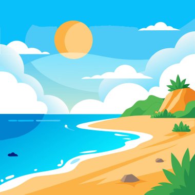 Haziran 'da Sahil Sahili' nde Azure Skies Hafif Dalgalar ve Sun Kissed Sand ile. Yapay zeka üretildi. Vektör simgesi