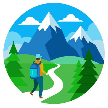 Haziranda Dağ Yürüyüşü Macerası Yeşil Vadilerin ve Açık Mavi Gökyüzünün Panoramik Manzaraları ile. Yapay zeka üretildi. Vektör simgesi