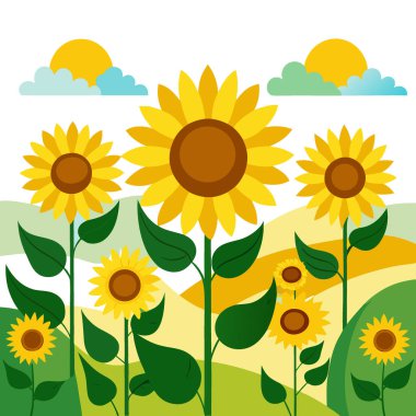 Yazın doğa betimlemelerinde tarımsal alanlarda ayçiçeği olarak bilinen belirgin sarı yapraklar. Yapay zeka üretildi. Vektör simgesi