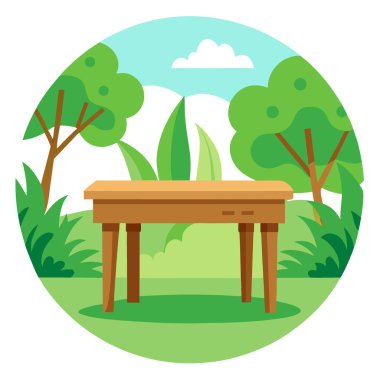 Yeşil Arkaplan Masası. Bahçe Ayarlarındaki Taze Yeşillikler Arasında Tahta Masa Gösterimi. Yapay zeka üretildi. Vektör simgesi