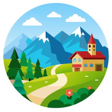 Yazın İsviçre 'nin modern yazlık köyü güneşli bir günde İsviçre Alpleri' nin dağlardaki çayırında. Yapay zeka üretildi. Vektör simgesi