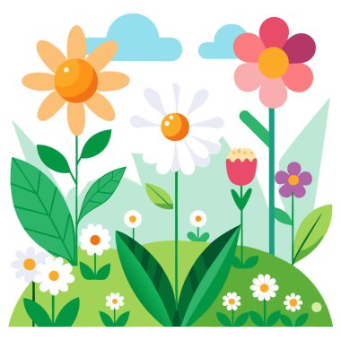 Çayırlarda ve bahçelerde canlı bahar ve yaz çiçekleri süslemeleri bembeyaz yapıyor. Yapay zeka üretildi. Vektör simgesi