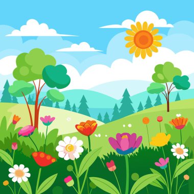 Açık Mavi Gök Altındaki Yaban Çiçeği Çayırı Güneş Işığı Çiçekleri Yeşillik Yeşillik Doğa Manzarası. Yapay zeka üretildi. Vektör simgesi