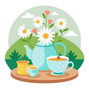 Bahçe Masasında, Cam Çaydanlık ve Kupa ile Güzel Buket 'te Çay Çiçekleri' ni yatıştırmak. Yapay zeka üretildi. Vektör simgesi