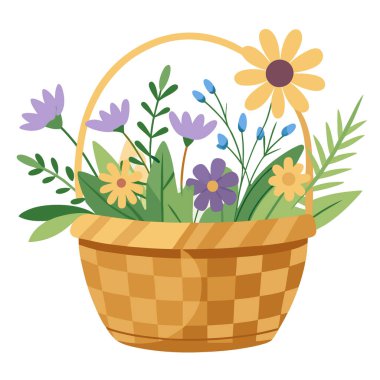 Taze toplanmış kır çiçeklerinin dingin güzelliği. Kırsal dokunmuş sepet yıkanmış sabah güneşi. Yapay zeka üretildi. Vektör simgesi