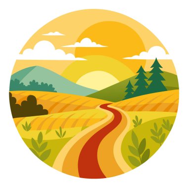 Rüzgarlı Toprak Yol ve Günbatımı Gökyüzü Altındaki Altın Çayırlar 'la sakin bir yaz manzarası. Yapay zeka üretildi. Vektör simgesi