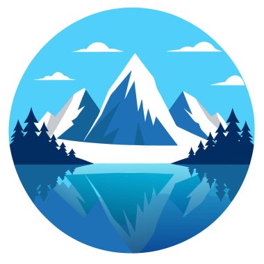 Haziran 'da karlı dağlar. Dağlar gölün suyuna yansıyor. Soğuk kış açık havada yapay zeka üretildi. Vektör simgesi