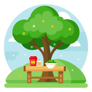 Baharda ve yaz aylarında yemek sergisi için ahşap masası olan yeşil ağaç bahçesi. Yapay zeka üretildi. Vektör simgesi