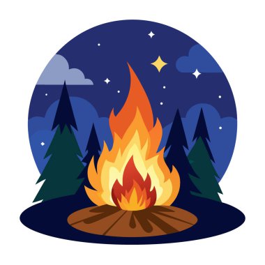 Yaz gündönümü festivalinde ormanda büyük şenlik ateşi, yıldızlı gökyüzüne doğru uçan kıvılcımlar çakıyor. Yapay zeka üretildi. Vektör simgesi