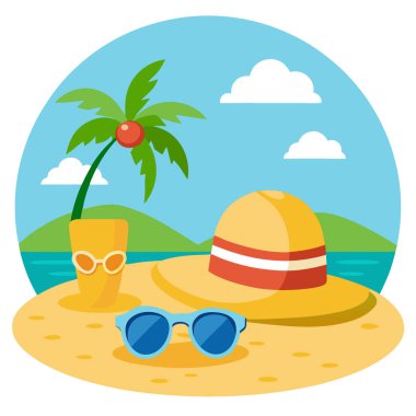 Hasır şapka. Yapay zekanın ürettiği tropik bir plaj tatilinde güneş gözlüğü ve parmak arası terlikler. Vektör simgesi