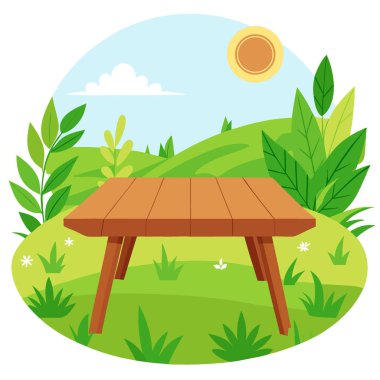 Yeşil arka planlı, çimenli, güneşli ahşap masa. Yaprak. Yapay zekanın ürettiği bulanık yapraklar. Vektör simgesi