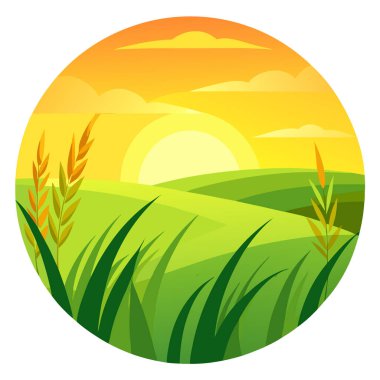 Sunlit Grass Huzurlu akşam güneşi canlı yeşil alan manzaralı arka planda banyo yapar. Yapay zeka üretildi. Vektör simgesi