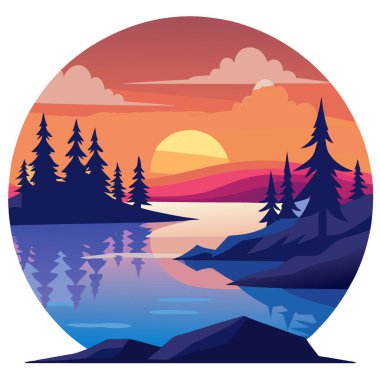 Sükûnet dolu finiş gölü, yaz günbatımının dingin güzelliğinde parlıyordu. Manzaralı bir manzarayla yakalanmıştı. Yapay zeka üretildi. Vektör simgesi