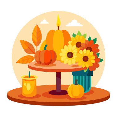 Güneşli masa ortamında ayçiçekleri ve balkabaklarıyla parlak bir sonbahar süsü. Yapay zeka üretildi. Vektör simgesi