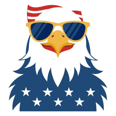 Kel kartal güneş gözlüğü takıyor ve Amerikan bayrağı resmi bağımsızlık günü Temmuz. Yapay zeka üretildi. Vektör simgesi