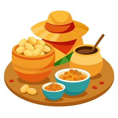 Şenlikli Brezilya ziyafeti. Fıstık dolu hasır şapka ve kaseler ve şekerli yakın çekim. Yapay zeka üretildi. Vektör simgesi