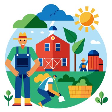 Yaz çiftçiliği çalışma sahnelerinin çizimleri pastoral güneş şartları. Yapay zeka üretildi. Vektör simgesi