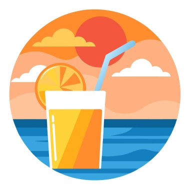 Saman ile portakal suyu ve gün batımında okyanus dalgaları ve bulutlu gökyüzü ile sahilde dilimler. Yapay zeka üretildi. Vektör simgesi