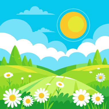 Berrak Mavi Gök Altında Güneş Sırılsıklam Çimen ve Çiçekli Papatyalar Manzarası. Yapay zeka üretildi. Vektör simgesi