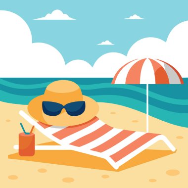 Okyanus kenarındaki havlunun üzerinde geniş bir şapka ve güneş gözlüğü ile plajda dinleniyorum. Yapay zeka üretildi. Vektör simgesi