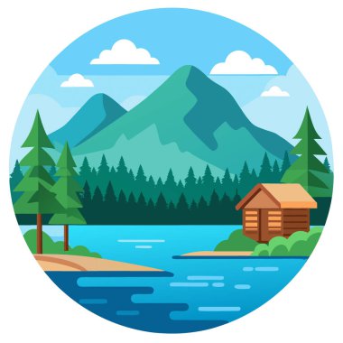 Chocorua Gölü 'nün sakin yaz sahnesi New Hampshire' ın huzurlu dağ gölü yemyeşil suların arasında. Yapay zeka üretildi. Vektör simgesi