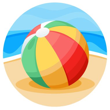 Okyanusun yakınındaki kumsalda renkli bir plaj topu. Yaz ve açık hava temaları için ideal. Yapay zeka üretildi. Vektör simgesi