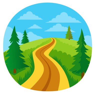 Dar bir toprak yol, uzaktaki mavi gökyüzü ve ağaçlarla yeşil çimenli bir tarlaya çıkıyor. Yapay zeka üretildi. Vektör simgesi