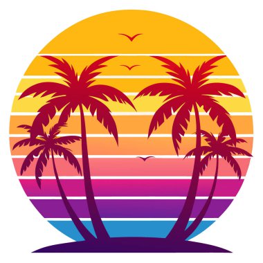 Palmiye ağaçlarıyla dolu canlı bir arkaplan. Atmosfer sıcaklığı ve yaz titreşimleri yaratıyor. Yapay zeka üretildi. Vektör simgesi