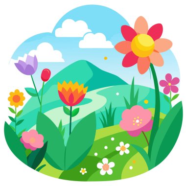 Yumuşak odak çiçekleri olan renkli doğal bahar manzarası yaz başlarında canlı çiçek arkaplanı. Yapay zeka üretildi. Vektör simgesi