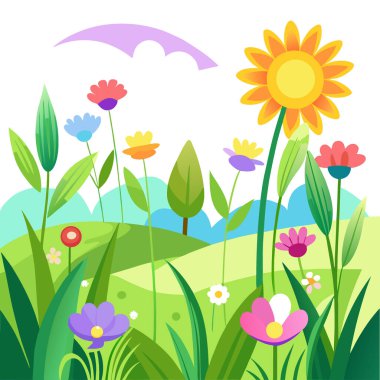 Canlı Yaban Çiçeği Çayırı Soyut Arkaplanı Yumuşak Odaklı Güneş Işığı ve Yazın Taze Çimen. Yapay zeka üretildi. Vektör simgesi