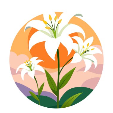 Beyaz Lily Çiçekleri. Çiçekçi Bud Çiçek Çiçeği Odak Noktası ve Günbatımı Günbatımı Arkaplanı ile yapay zeka üretildi. Vektör simgesi