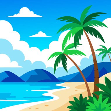 Palmiye ağaçlarıyla güzel bir plaj sahnesi. Mavi gökyüzü. Ve beyaz bulutlar. Yapay zekanın ürettiği turkuaz okyanusu çerçevelemek. Vektör simgesi
